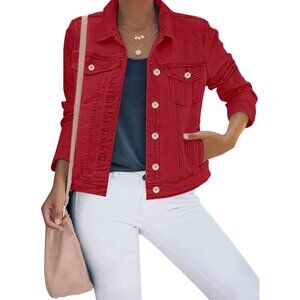 Women's Basic Button Down Stretch Fitted Long Sleeves Denim Jean Jacket True Red